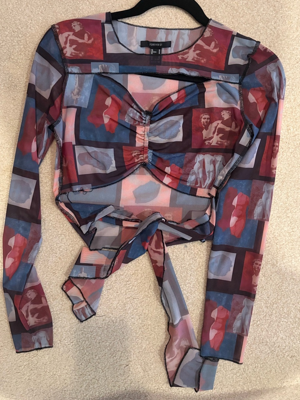 Forever 21 Pink and Blue Printed Mesh Tie-Waist Crop Top